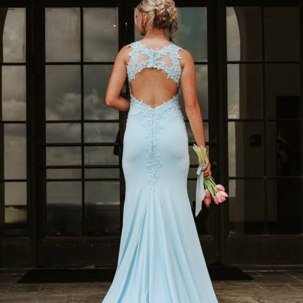 Light Blue Lace and Beaded Mermaid Prom Dress